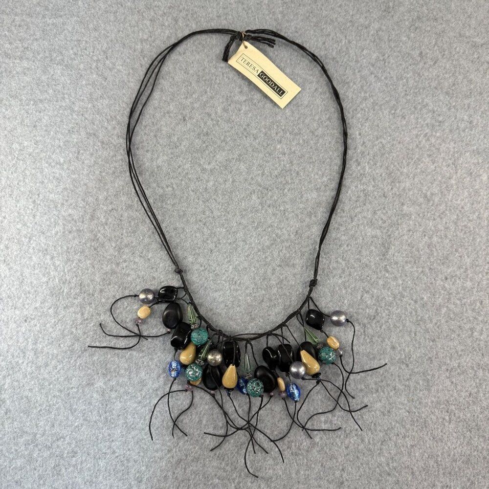 Teresa Goodall Vintage Resin‎ Glass Bead Necklace Linen Cord Signed Boho Jewelry